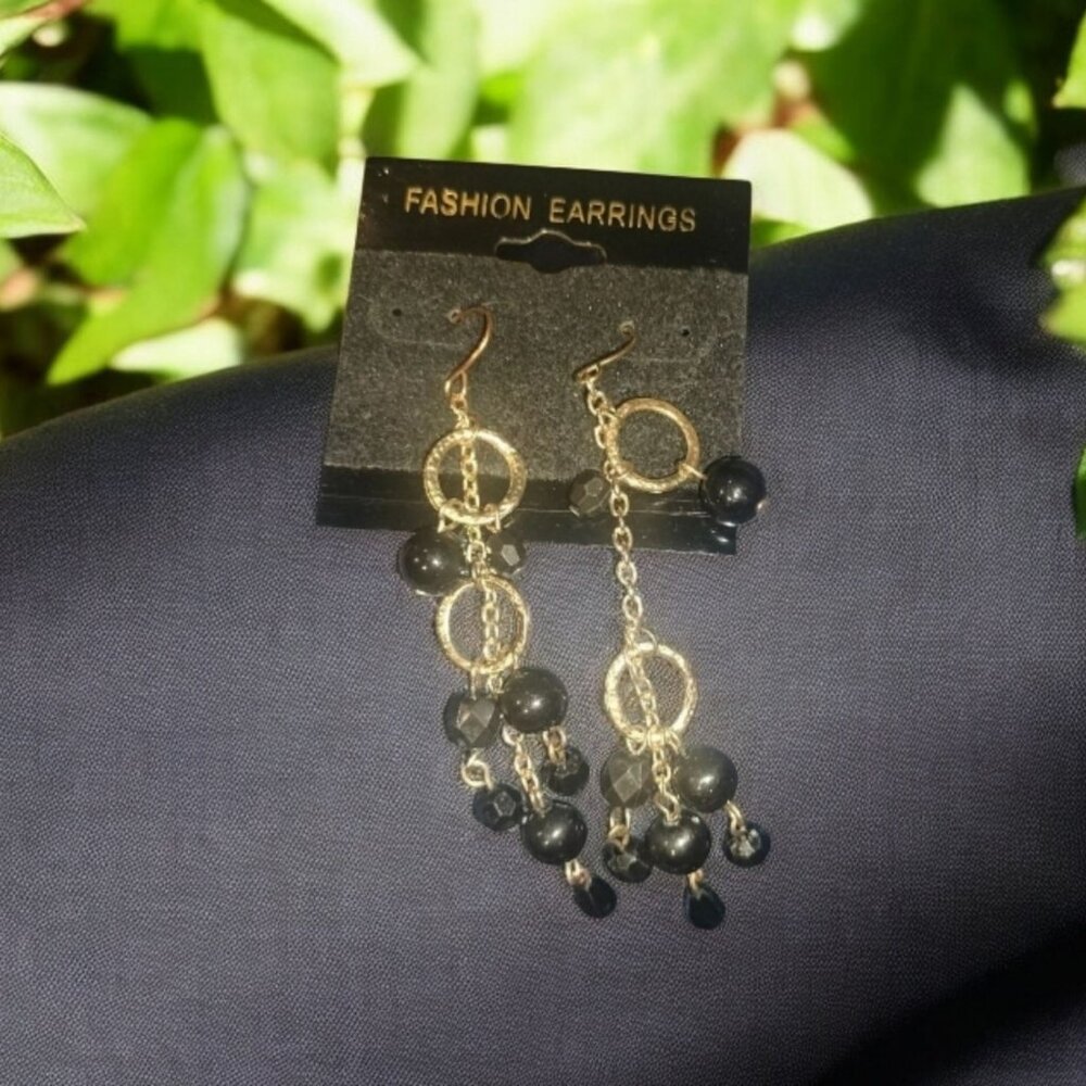 Black Glass Beaded Earrings Fashion Jewelry Gold Tone Drop Dangle Beads Hook Ear